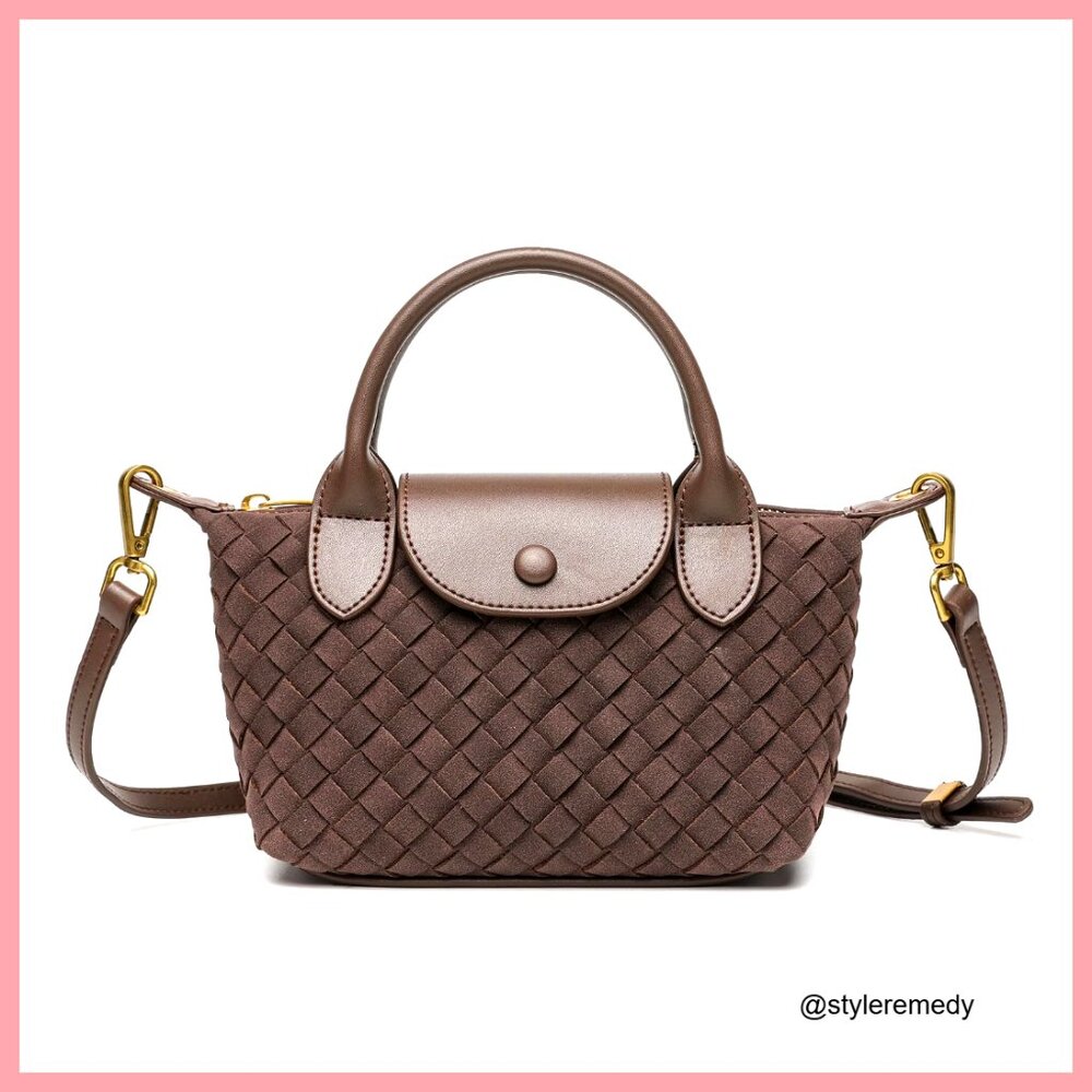 Woven Suede Mini Satchel Crossbody Bag Top Handle Handbag